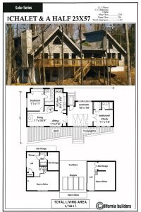 Chalet & a Half Floorplan | 3-Bedroom Post-and-Beam Home with Loft and Cathedral Ceiling Floorplan of the Chalet & a Half kit home showing a two-level layout with open living areas, three bedrooms, loft space, sunroom, and cathedral ceilings.