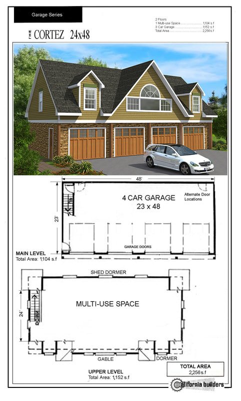 Floorplan of the Cortez kit home showing a four-car garage on the main level and a large open multi-use loft space on the upper level. 