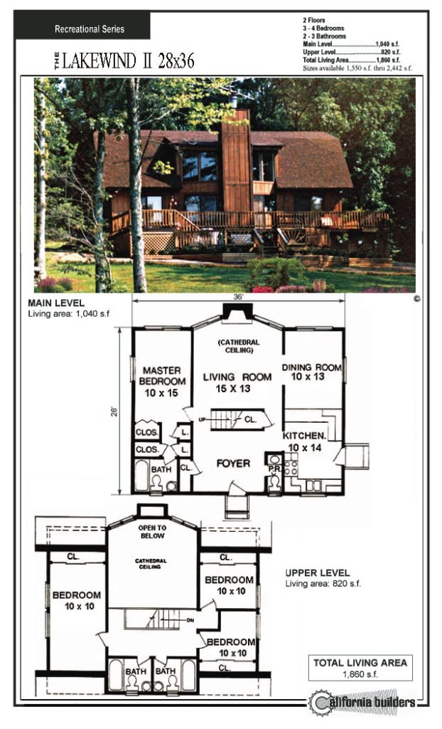 Floorplan of the Lakewind II kit home showing two-story layout with cathedral-ceiling living room, main-level master suite, and three upstairs bedrooms overlooking open living space. 