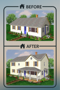 Before and after photo of a ranch-style home transformed with a pop-top second-story addition