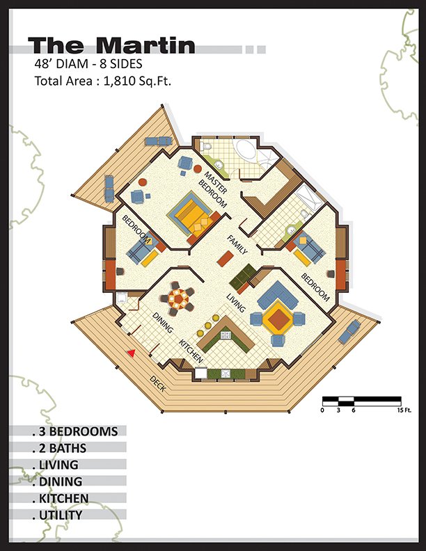 The Martin octagonal floorplan with 3 bedrooms, 2 baths, and wraparound deck