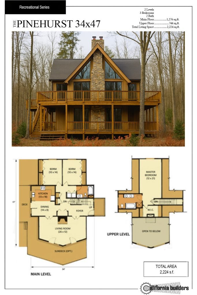 Floorplan of the Pinehurst 34×47 two-story kit home with 3 bedrooms and 2 baths