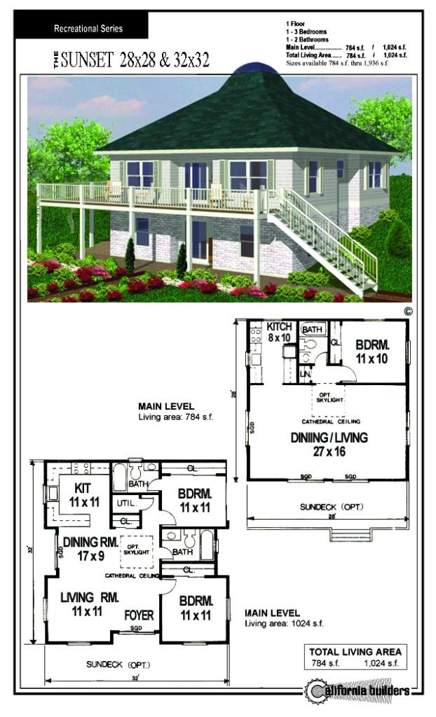 The Sunset 1 and 2 Kit Home floorplan with optional sundeck and skylight