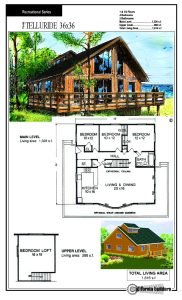 Telluride 36x36 kit home floorplan and exterior rendering with wraparound sundeck