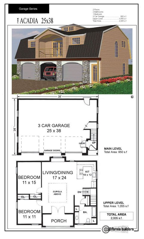 The Acadia two-level carriage house floorplan with three-car garage and upper living area