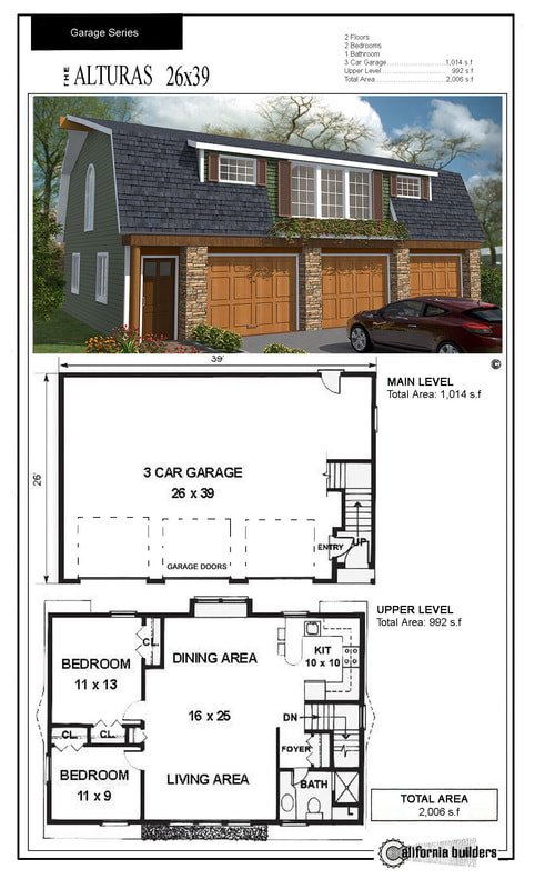 Alturas two-level carriage house floorplan with 3-car garage on main level and 2-bedroom home above