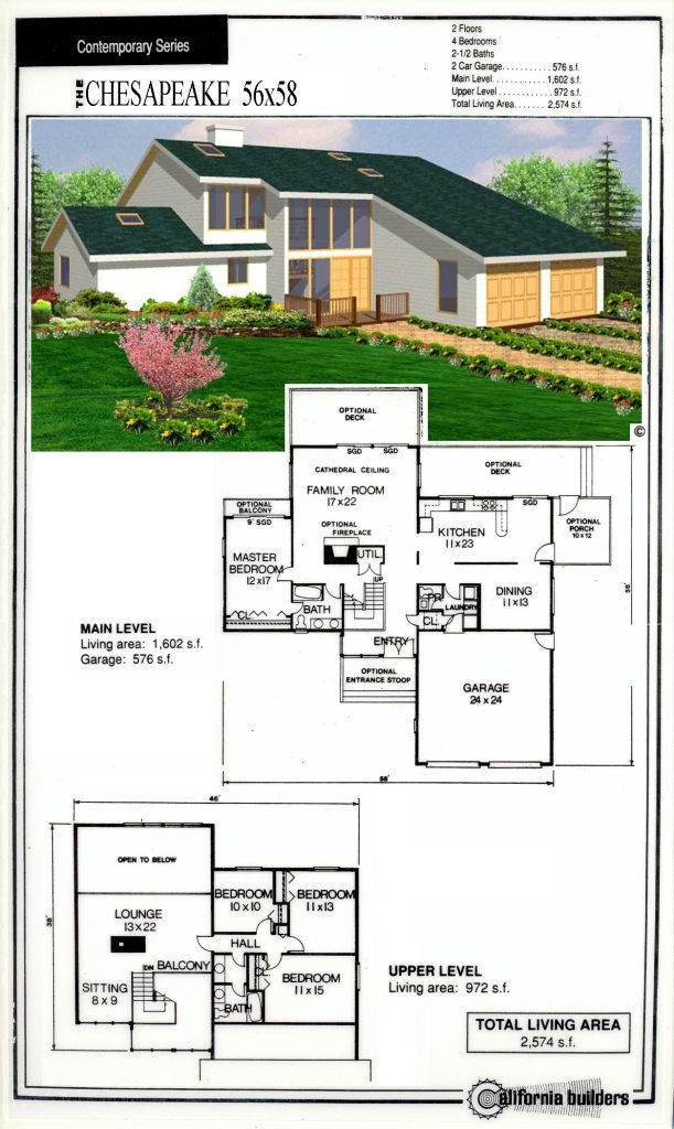 Chesapeake 56×58 kit home floorplan and exterior rendering