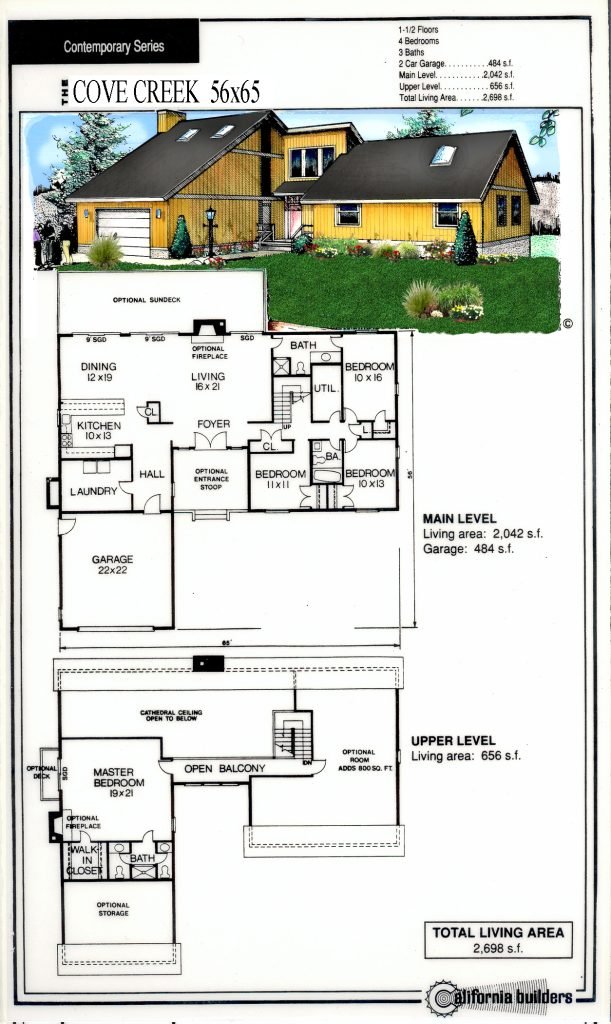 Cove Creek 56×65 kit home floorplan and exterior rendering