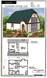 Coventry Cottage floorplan with main-level bedroom, cathedral ceiling great room, and loft study
