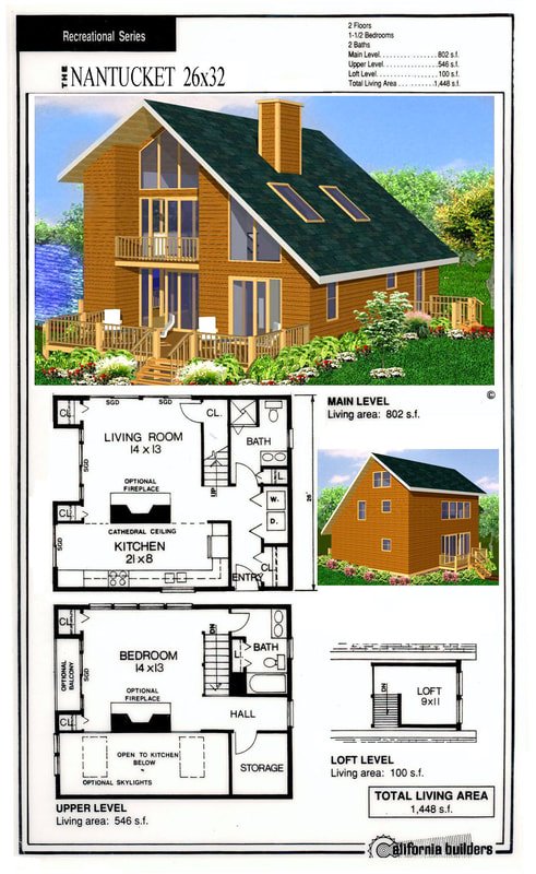 Nantucket kit home floorplan showing main, upper, and loft levels with cathedral ceiling and prow front