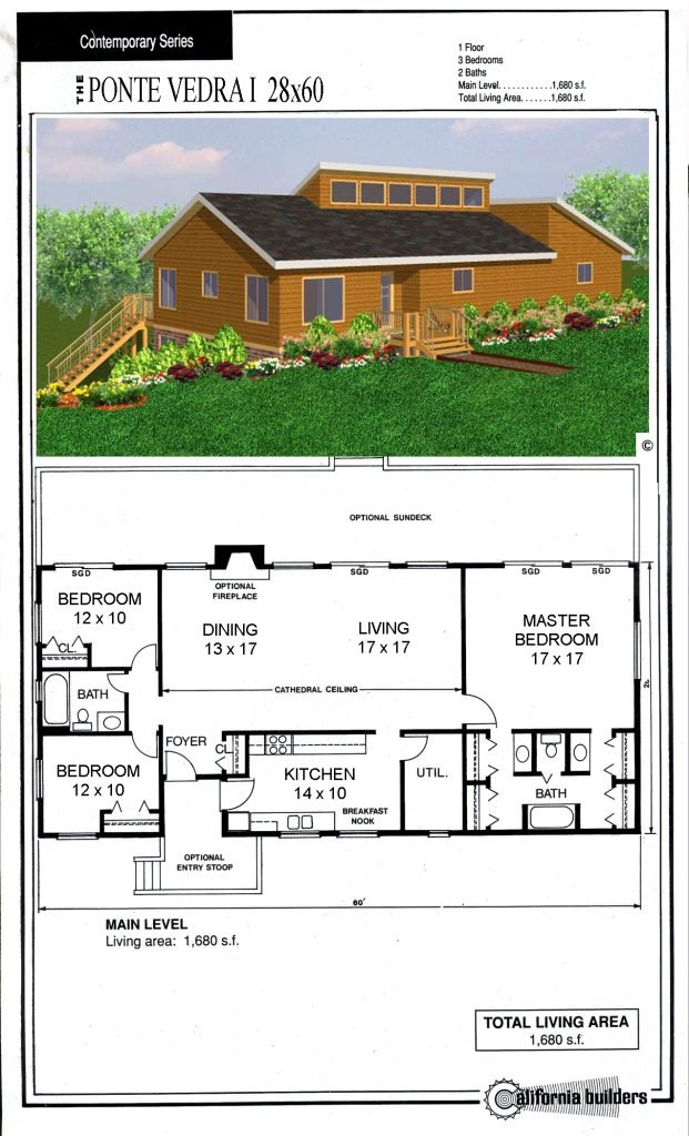 Floorplan layout of the Ponte Vedra I kit home with three bedrooms and open-concept living.