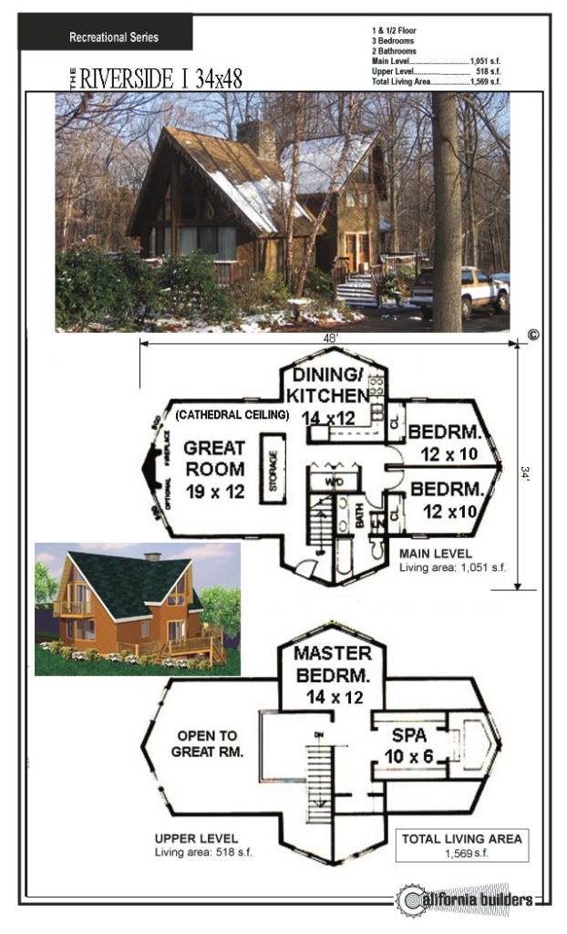 Riverside kit home floorplan with main and upper levels, showing A-frame design and lofted layout