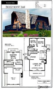 Floorplan of the Rocky Mount kit home featuring main level with two bedrooms and study, upper loft with additional bedrooms, and open living area with fireplace and cathedral ceiling.