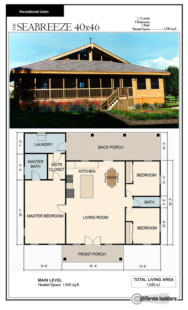 Seabreeze kit home floorplan with open living room, cathedral ceiling, and three bedrooms