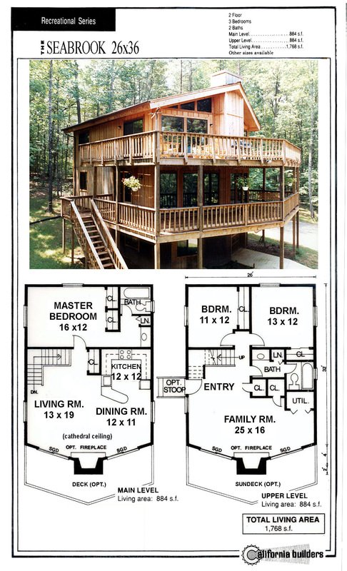 Seabrook two-story kit home floorplan with vaulted living room, family room fireplace, and optional decks