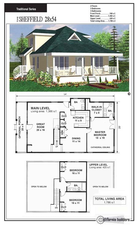 Floorplan layout of The Sheffield 28x54 kit home showing two stories, 3 bedrooms, 3 bathrooms, open-concept great room, and wraparound porch.