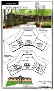 Floor plan of the Stingray Point model featuring a two-level layout with central family and dining rooms, 3–4 bedrooms, 3 baths, garage, and split-wing design. 