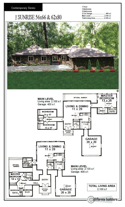 "Sunrise kit home floor plan — one-story contemporary ranch-style layout with 3 bedrooms, 2 bathrooms, spacious living and dining area, optional sundeck, and attached 2-car garage. Includes detailed room dimensions and multiple elevation options." 
