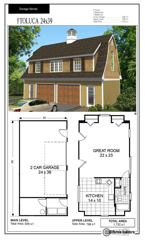 Toluca 24×39 carriage house floor plan with two-car garage and upper-level living space