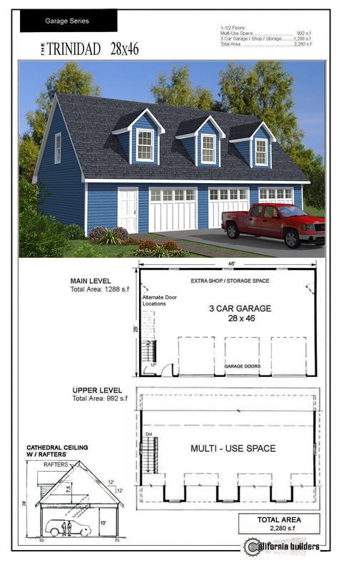 The Trinidad carriage house floorplan with 3-car garage, shop area, and upper-level living space