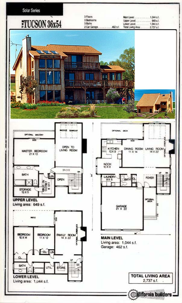 Tucson kit home floorplan with three levels including open living, dining, family room, and optional balcony