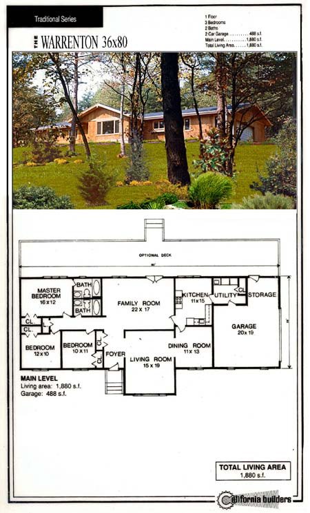 Warrenton kit home floorplan with 3 bedrooms, 2 baths, and family living spaces