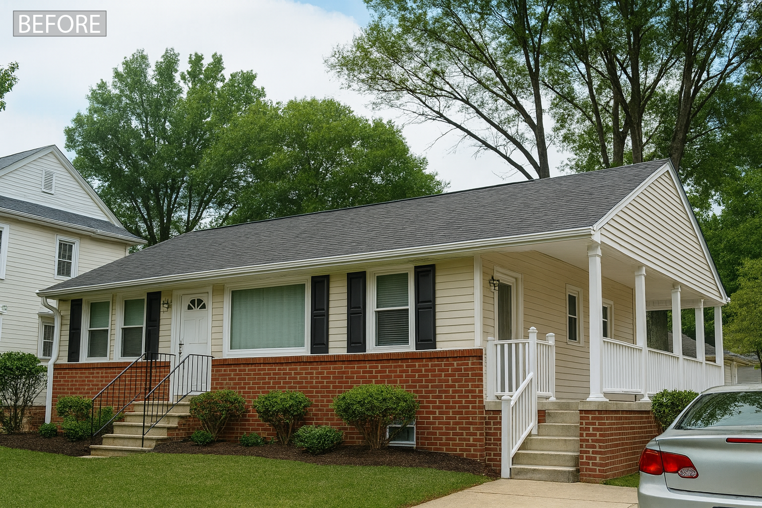 Before and after photo of a home transformed with a pop-top second-story addition