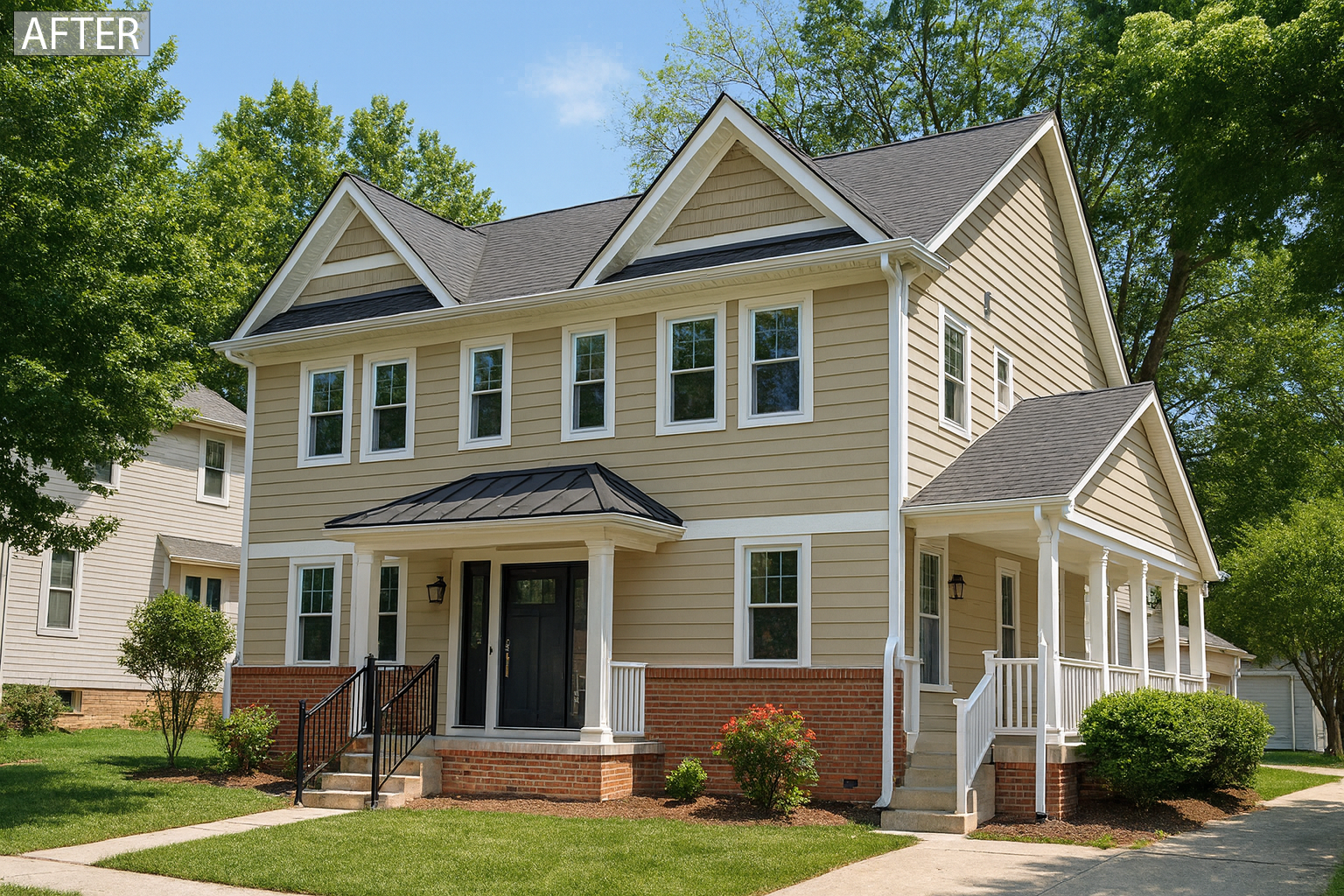 Before and after photo of a home transformed with a pop-top second-story addition