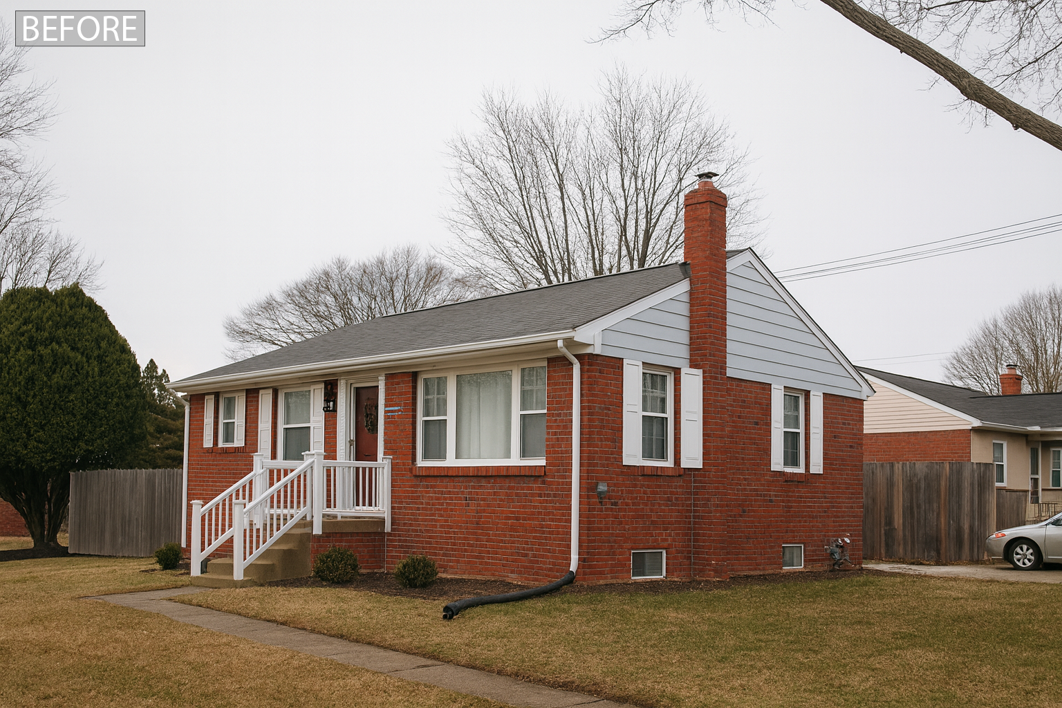 Before and after photo of a home transformed with a pop-top second-story addition