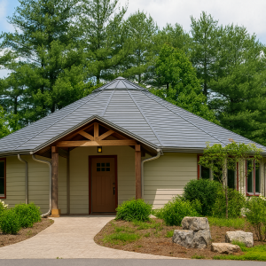 Octagonal Martin kit home with wraparound deck and expansive windows
