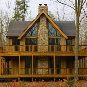 Pinehurst Kit Home exterior with prow-front design and cathedral-style windows.