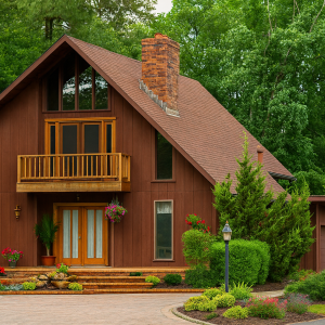 Nantucket kit home exterior with steep roofline and expansive windows