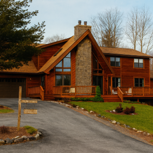 Exterior view of the Yosemite Kit Home with contemporary design and cathedral windows