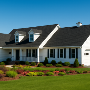 Traditional Williamsburg kit home exterior with front porch and attached garage