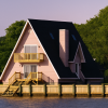 Exterior view of modern A-frame cabin with large glass doors, front deck, and sloped roof, designed for beach or mountain environments.