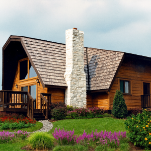 Rustic chalet-style Rocky Mount kit home with steep pitched roof, loft, and wraparound sundeck set against a scenic natural backdrop.