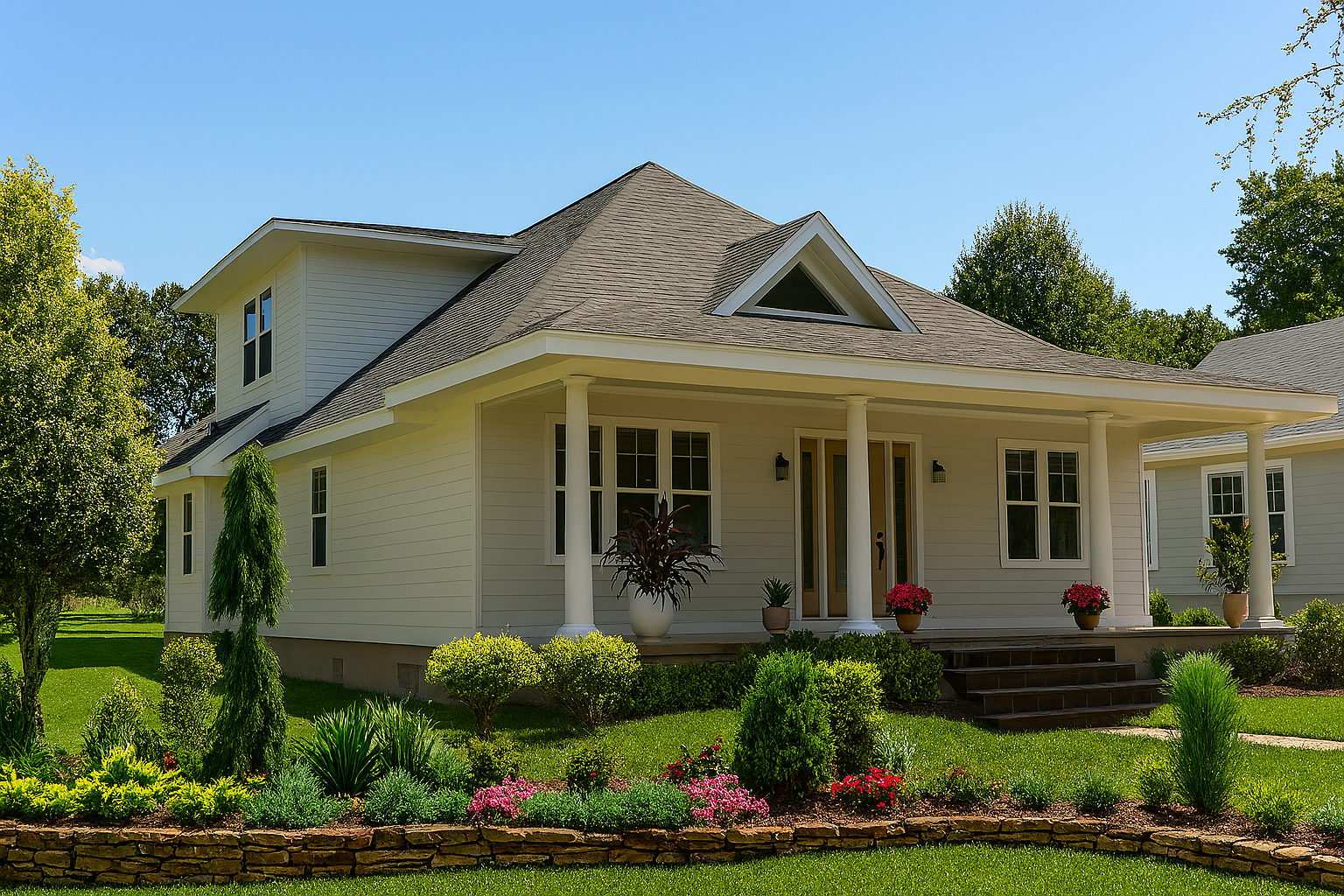 Front exterior view of The Sheffield kit home featuring a wraparound porch and gabled roof
