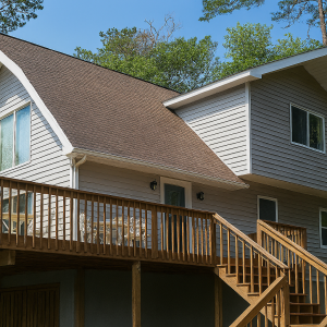 Alt Text: Front exterior of The Yellowstone cabin home with large deck and A-frame windows