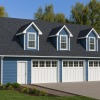 Exterior view of The Trinidad carriage house garage with dormer windows and blue siding.