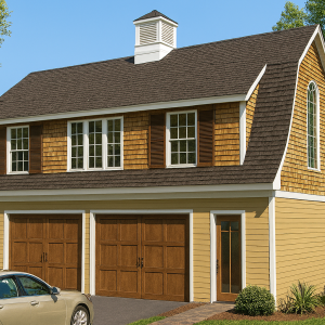 Toluca carriage house exterior with barn-style roof and 2-car garage