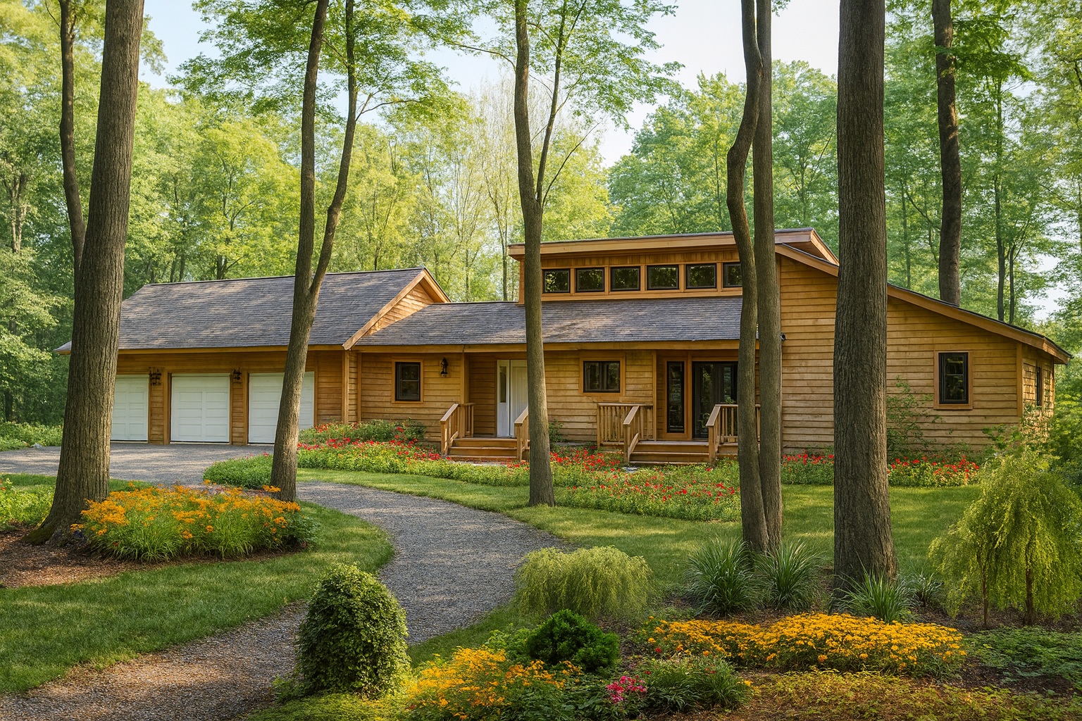 Ranch-style wooden cabin with three-car garage and landscaped driveway