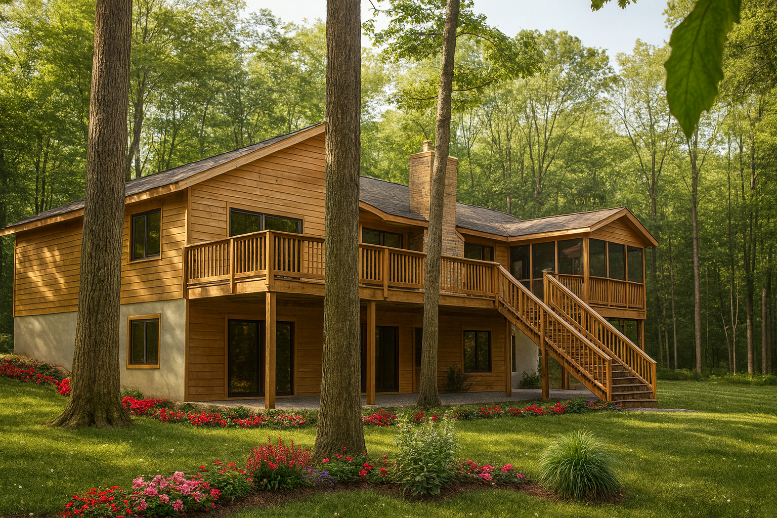 Two-story raised wooden cabin with balcony, screened porch, and landscaped yard