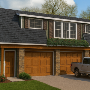 The Alturas carriage house with a 3-car garage and upper-level living space in a traditional barn-style roofline.