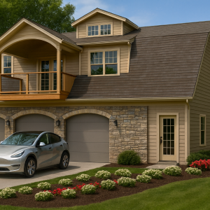 The Acadia two-level carriage house floorplan with garage and upper living area