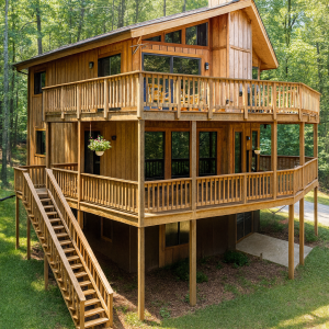 Seabrook kit home exterior featuring two-story design with natural wood siding, full wraparound deck, upper-level sundeck, and large windows in forested setting.
