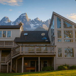 Contemporary mountain lodge-style home with large windows and elevated deck in forest setting
