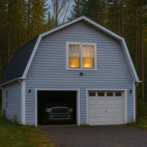 Two-story blue garage home with upper windows lit at dusk in a forest setting