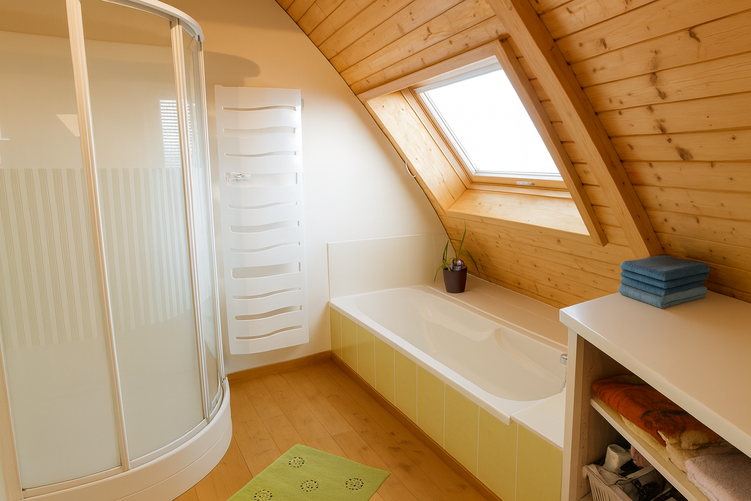 Dome home bathroom with skylight, soaking tub, and curved wood interior