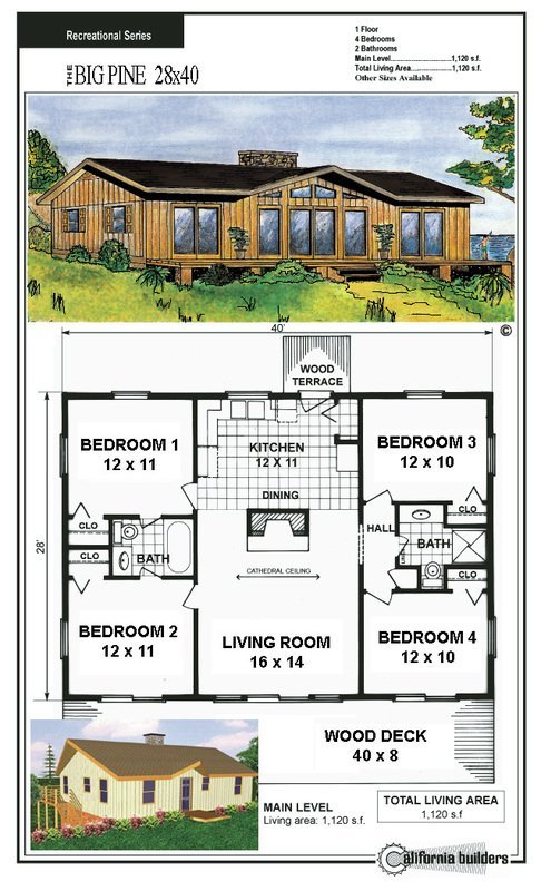 Big Pine 28x40 kit home floor plan and exterior illustration with 4 bedrooms and wood deck