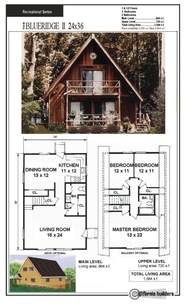 A-frame Blue Ridge II chalet with wood siding, upper and lower balconies, tall windows, and forest backdrop.